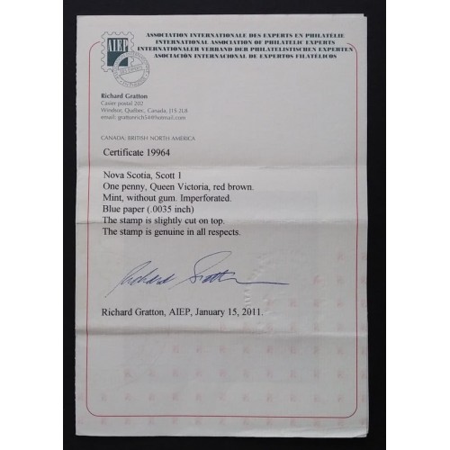 Nova Scotia 1 VF Unused (No Gum) ** See Certificate **