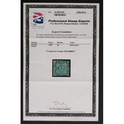 Nova Scotia 5 F Unused (re-gummed) ** See Certificate **