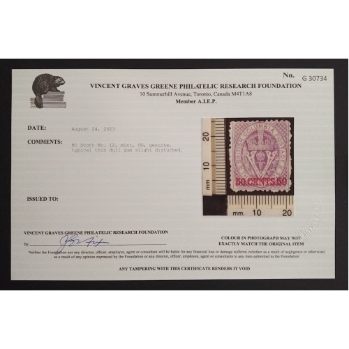 British Columbia 12 VG MH OG ** See Certificate **