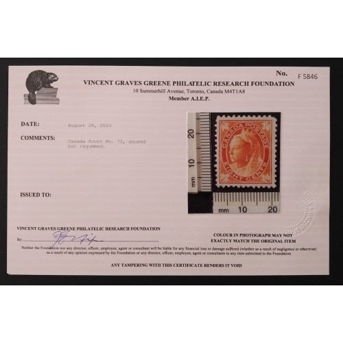 Canada 72 VF Unused (Re-gummed) ** See Certificate **