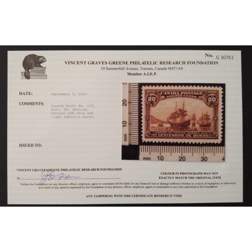 Canada 103 VF MNH ** See Certificate **