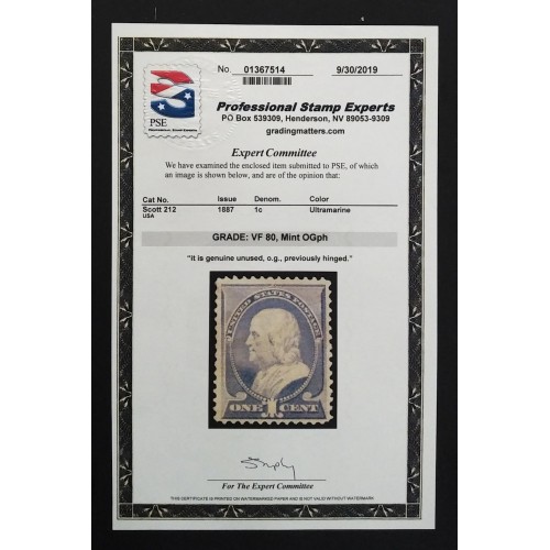 United States 212 VF MH OG ** See Certificate **
