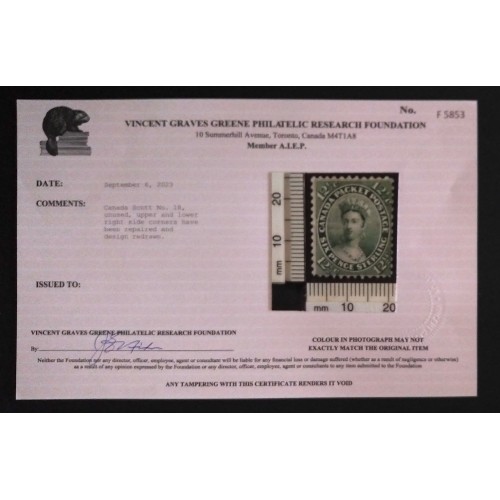 Canada 18 F-VF Unused (No Gum) ** See Certificate **