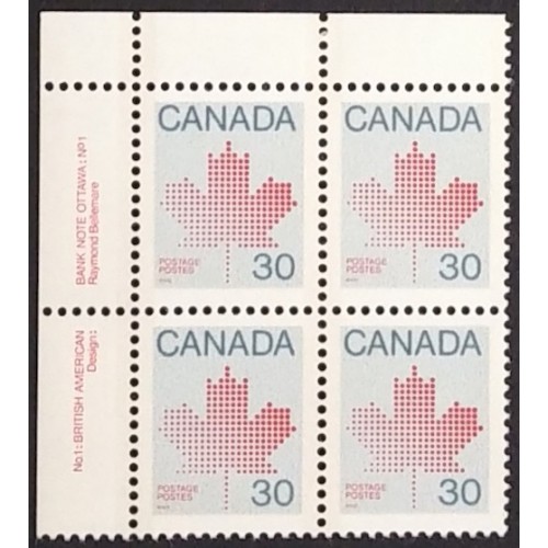 Canada 923 Plate Block UL No. 1 VF MNH