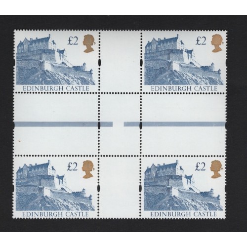 GB Machin SG 1613 £2 Castle Bright Blue Colour Gutter Block U/M