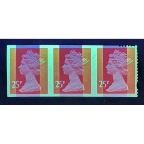 GB Machin SG Y1689a | TCM E28 25p Rose-red 2B (1993) Harrison Imperf Strip with Yellow Phosphor U/M (Very Rare)