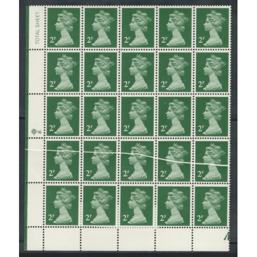 GB Machin SG x1000 2p Green Cylinder Block of 25 Printing Flaw U/M