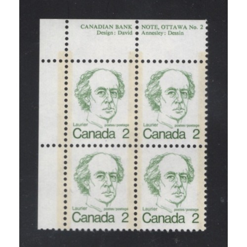 Canada 587 Plate Block UL No. 2 VF MNH