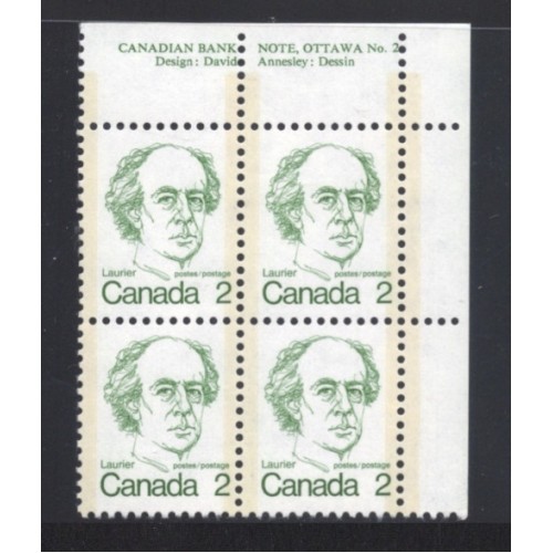 Canada 587 Plate Block UR No. 2 VF MNH