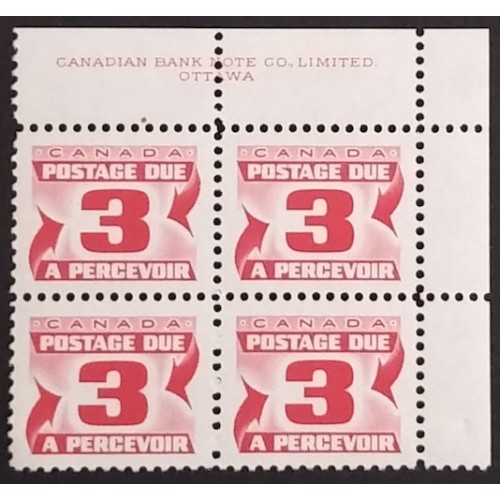 Canada J30 Plate Block UR Fluorescent Variety VF MNH